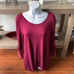 Liz Claiborne Burgundy Lace Trim Sleeve Blouse Large